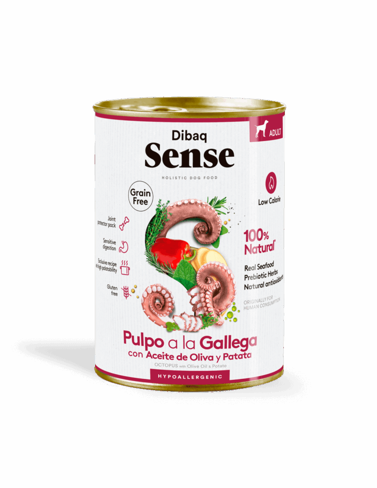Lata Dibaq Sense 380g Pulpo a la Gallega. Comida húmeda gourmet para perros sin cereales (Grain Free). Receta con pulpo y marisco.