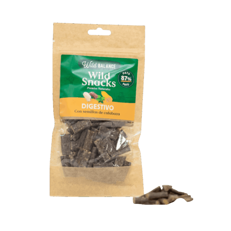 Premios naturales Wild Balance Wild Snacks Digestivo sabor Pato (87% pato), enriquecidos con Semillas de Calabaza para mejorar la salud intestinal.