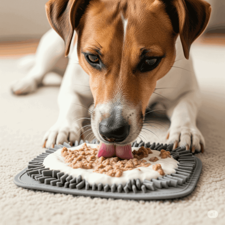 Perro de raza Jack Russell Terrier lamiendo paté de comida húmeda en una alfombra lickimat para refrescarse durante el verano.