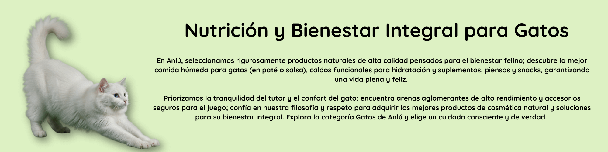 Banner de Categoría Gatos de Anlú: Nutrición, comida húmeda, caldos funcionales, piensos, snacks y accesorios de cosmética natural para gatos.