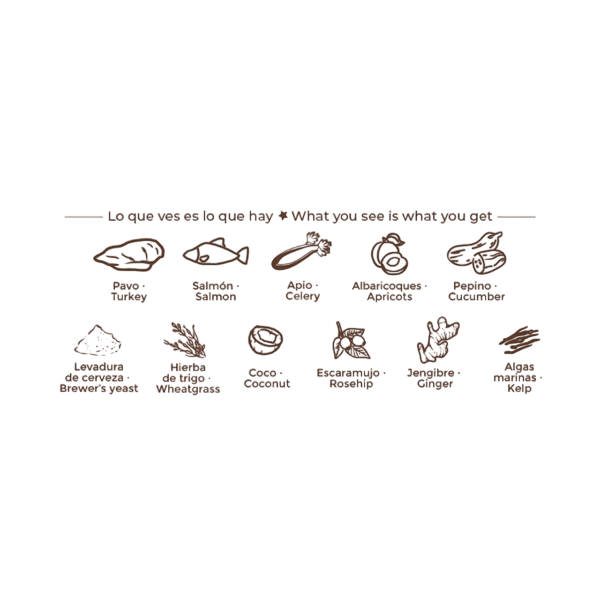 Lista detallada de ingredientes del Puromenu Menú Pavo y Salmón Select BIO para perros: Pavo, Salmón, Apio, Albaricoques, Levadura de Cerveza, Hierba de Trigo, Coco, Escaramujo, Jengibre, Algas Marinas.