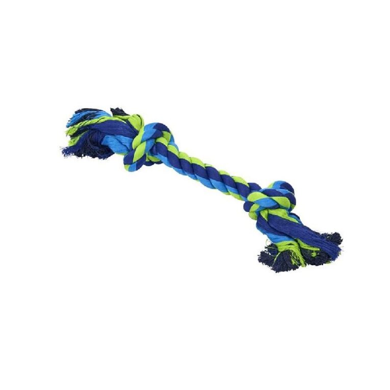 Juguete Cuerda Dental Perro. Soga de 15cm con 2 nudos, colores azul y verde. Ideal para razas mini.