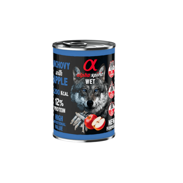Lata Alpha Spirit Boquerón Manzana (400g). Alimento húmedo monoproteico de pescado y fruta para perro.