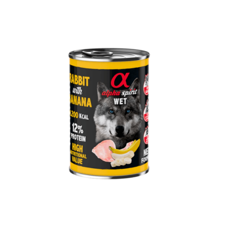 Lata Alpha Spirit Conejo Pollo (400g). Paté húmedo con carne de conejo y pollo, enriquecido con plátano para perro.