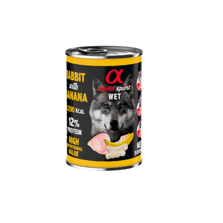 Lata Alpha Spirit Conejo Pollo (400g). Paté húmedo con carne de conejo y pollo, enriquecido con plátano para perro.