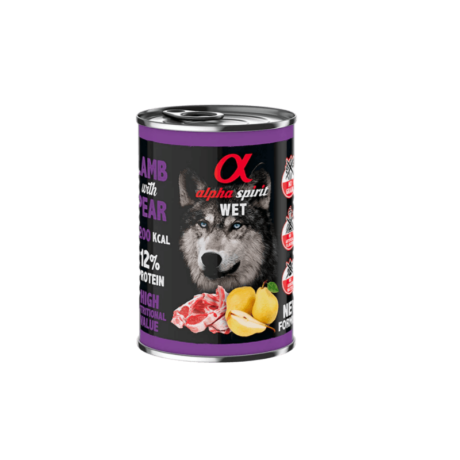 Lata Alpha Spirit Cordero Pera (400g). Paté monoproteico de cordero y fruta para perro.