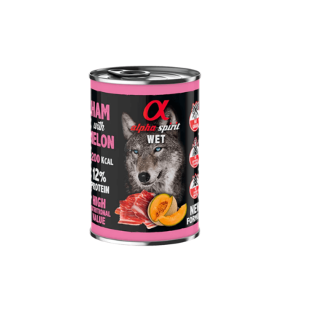 Lata Alpha Spirit Jamón Melón (400g). Paté húmedo de jamón y cerdo para perro adulto.