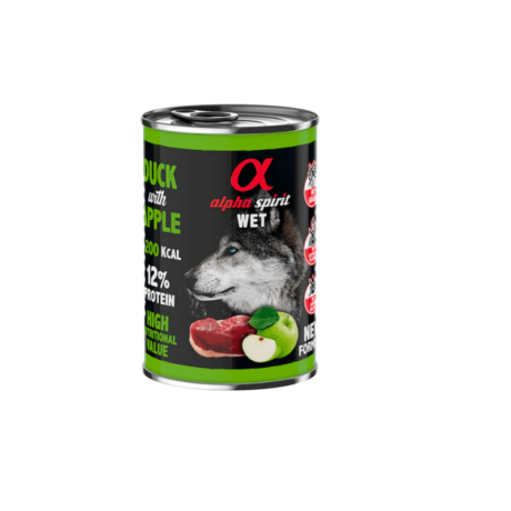 Lata Alpha Spirit Pato Pollo (400g). Paté húmedo con manzana para perro. Fórmula sin cereales.