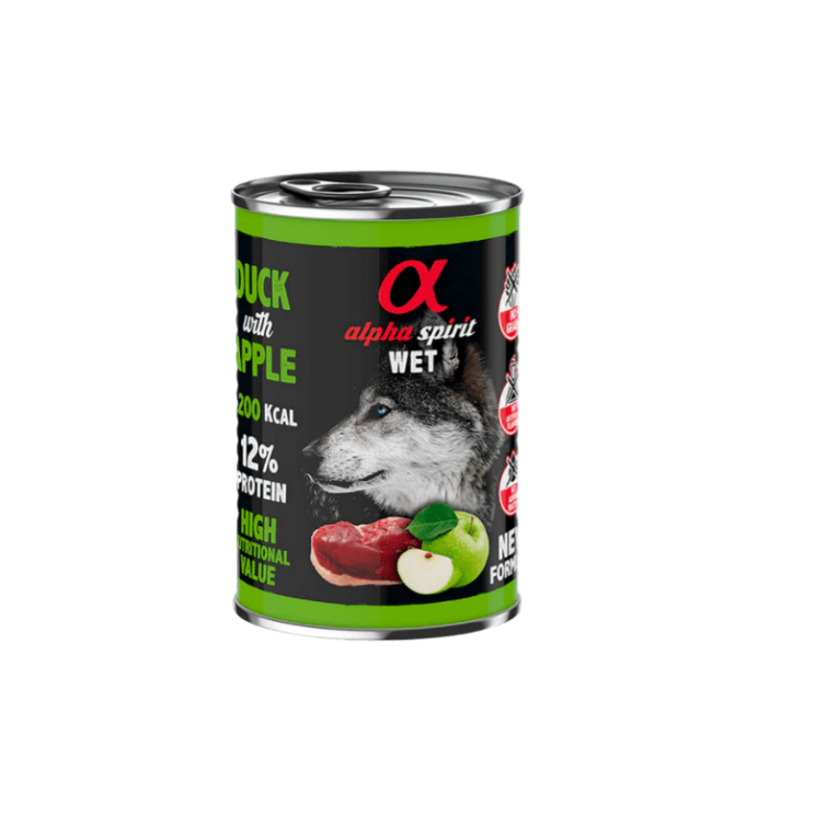 Lata Alpha Spirit Pato Pollo (400g). Paté húmedo con manzana para perro. Fórmula sin cereales.