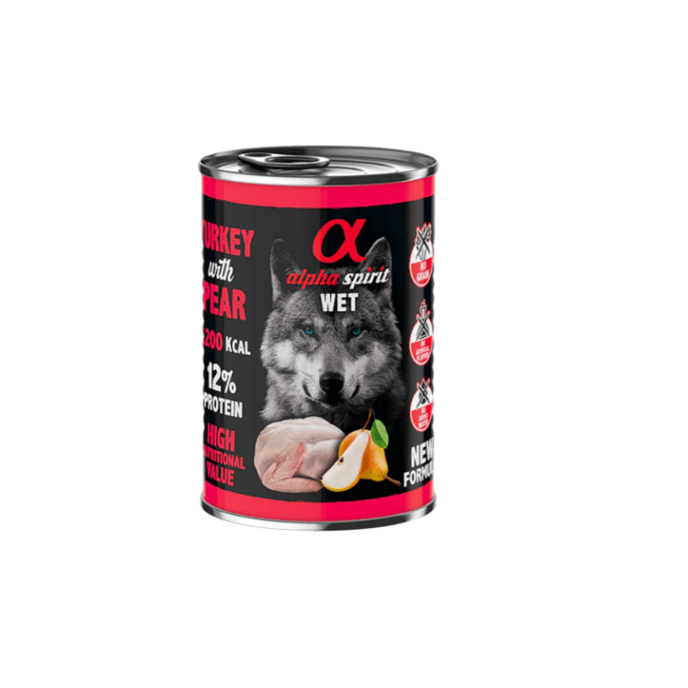 Lata Alpha Spirit Pavo Pera (400g). Paté húmedo monoproteico de pavo y fruta para perro.
