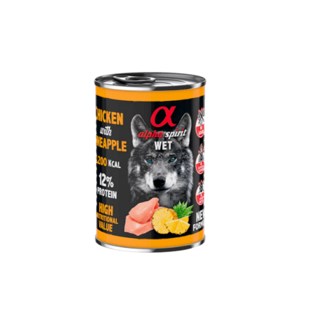Lata Alpha Spirit Pollo Piña (400g). Alimento húmedo monoproteico de pollo y fruta para perro adulto.