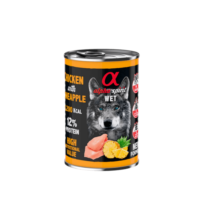 Lata Alpha Spirit Pollo Piña (400g). Alimento húmedo monoproteico de pollo y fruta para perro adulto.