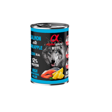 Lata Alpha Spirit Salmón Piña (400g). Alimento húmedo monoproteico de salmón para perros adultos.