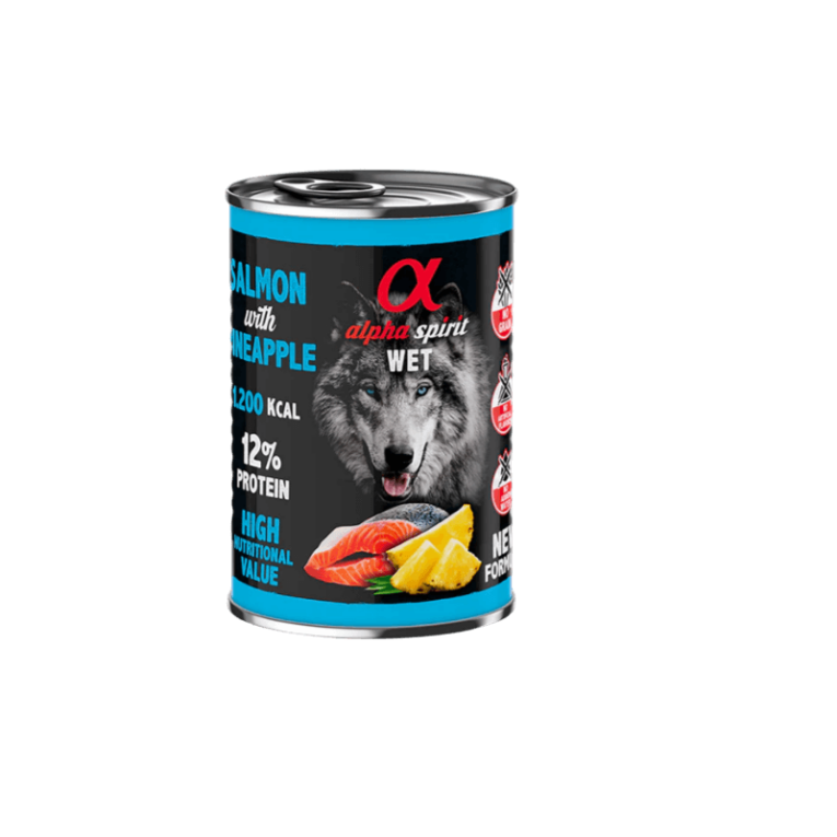 Lata Alpha Spirit Salmón Piña (400g). Alimento húmedo monoproteico de salmón para perros adultos.