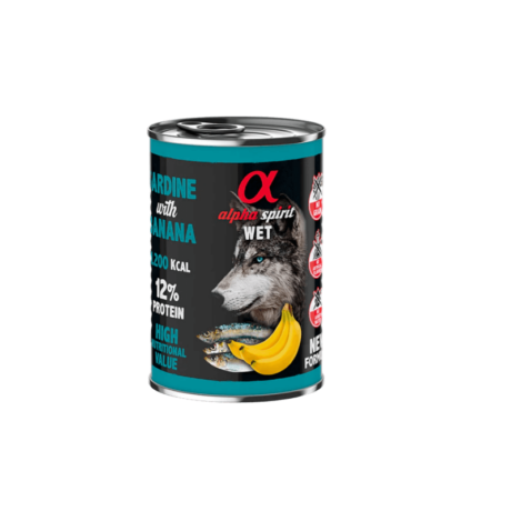 Lata Alpha Spirit Sardina Plátano (400g). Alimento húmedo monoproteico de pescado y fruta para perro.