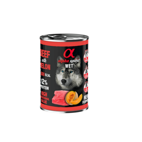 Lata Alpha Spirit Ternera Melón (400g). Paté monoproteico de ternera y fruta para perro.