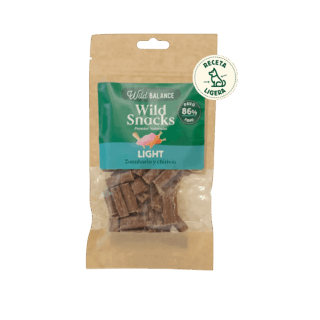 Bolsa de premios naturales Wild Balance Wild Snacks Light. Contiene Pavo (86%), Zanahoria y Chirivía, ideal para el control de peso (Receta Ligera).