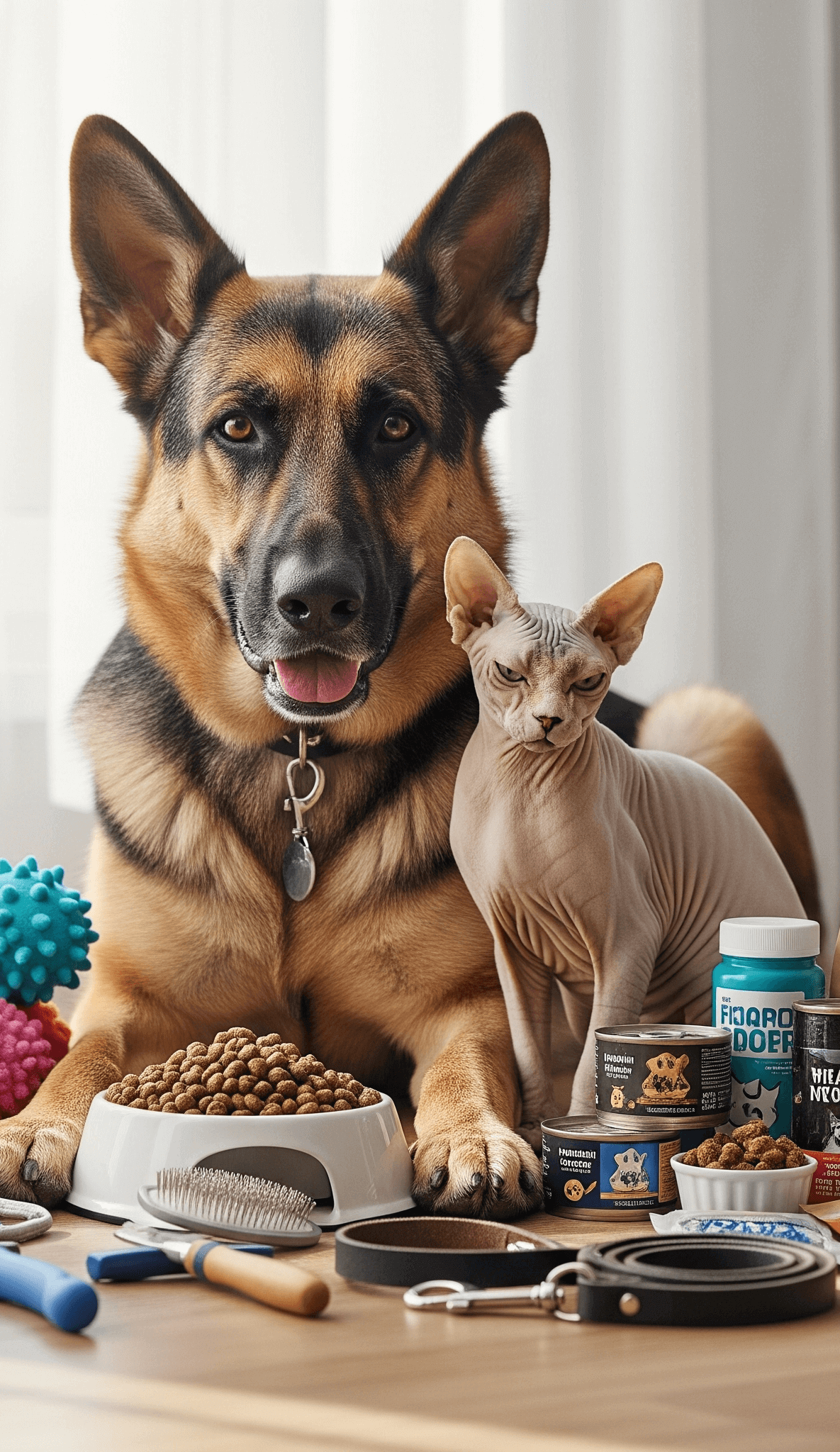 Imagen de encabezado para la categoría de productos más vendidos. Muestra un Pastor Alemán y un gato Sphynx posando junto a un cuenco de pienso, latas de comida húmeda, un cepillo, collares y juguetes.