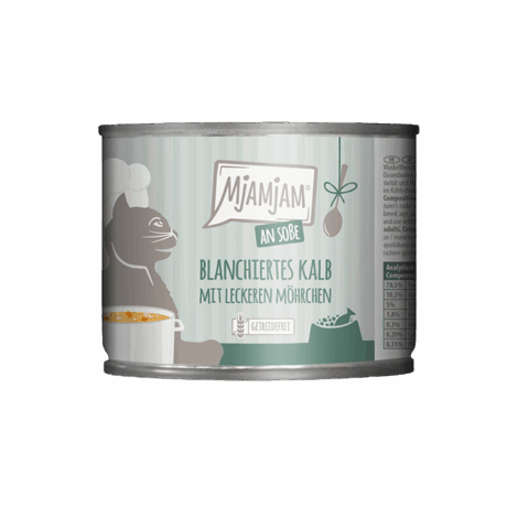 Lata MjAMjAM 185g Comida Húmeda para gatos. Añojo (ternera) escaldado con calabaza al vapor en salsa. Receta sin cereales.