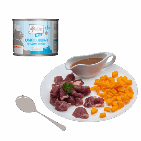 Lata MjAMjAM 185g Comida Húmeda Pato Salvaje escaldado con Calabaza. Sin Cereales. Foto de producto de alta calidad.