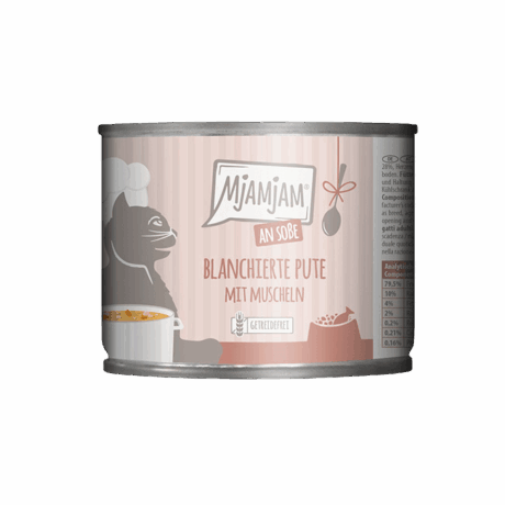 Lata MjAMjAM 185g Comida Húmeda Pava escaldada con mejillones en salsa. Soporte para articulaciones y receta sin cereales.
