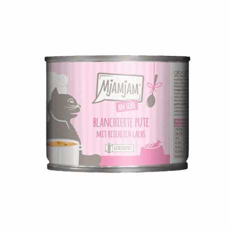 Lata MjAMjAM 185g Comida Húmeda para gatos. Pavo escaldado con salmón en salsa. Receta sin cereales.