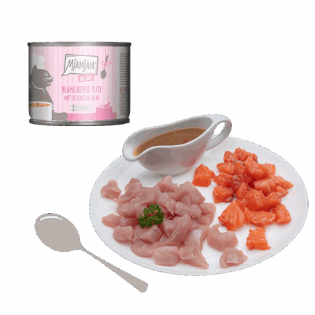 MjAMjAM Comida Húmeda Pavo y Salmón servida. Muestra trozos de pavo, salmón y salsa en un plato. Calidad de los ingredientes.