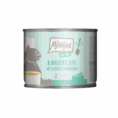 Lata MjAMjAM 185g Comida Húmeda para gatos. Pava escaldada con zanahoria al vapor en salsa. Receta sin cereales.