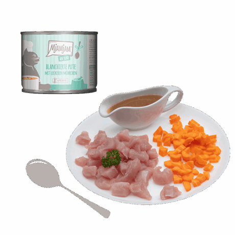 Lata MjAMjAM 185g Comida Húmeda Pava escaldada y Zanahoria. Receta sin cereales. Proteína magra para gatos.