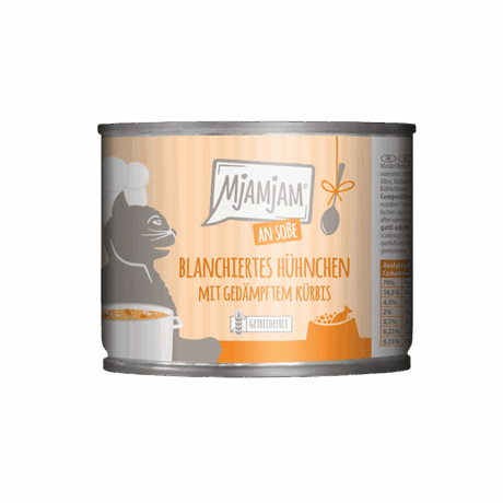 Lata MjAMjAM 185g Comida Húmeda para gatos. Pollo escaldado con calabaza al vapor en salsa. Receta sin cereales.