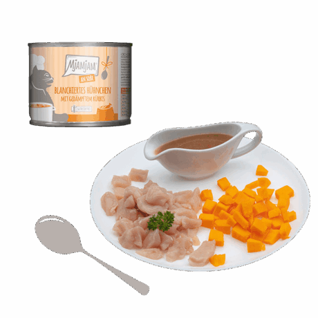 Lata MjAMjAM 185g Comida Húmeda Pollo escaldado y Calabaza al vapor en salsa. Alto contenido de humedad. Receta sin cereales.
