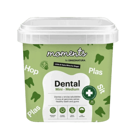Cubo de 500 gramos de barritas dentales Moments Dental Mini-Medium. Snacks de pollo para perros pequeños y medianos, para mantener dientes y encías saludables.
