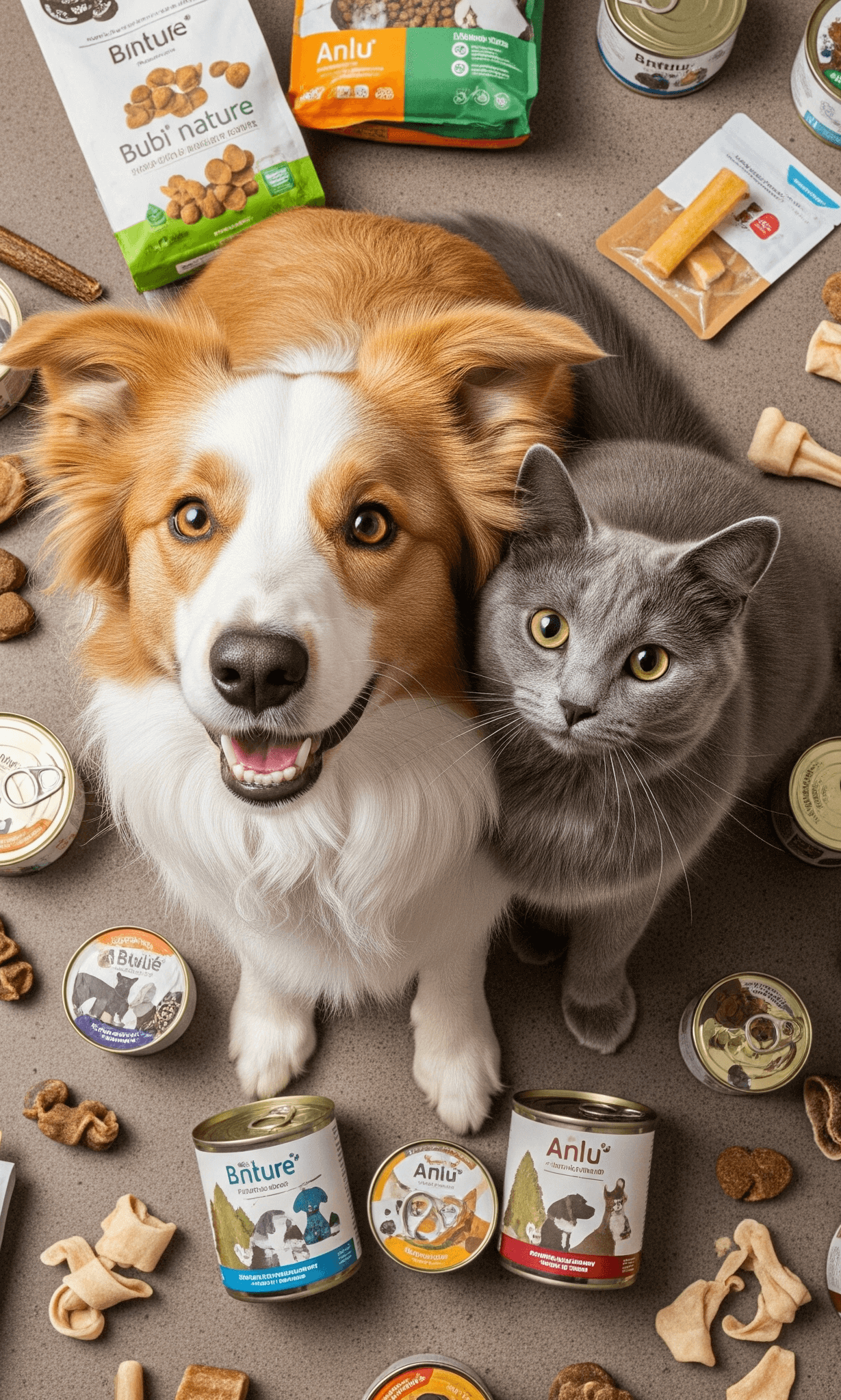 Imagen de encabezado para la sección de Novedades. Muestra un Border Collie y un gato gris posando entre una gran variedad de alimentos, snacks deshidratados, latas de comida húmeda y bolsas de pienso.