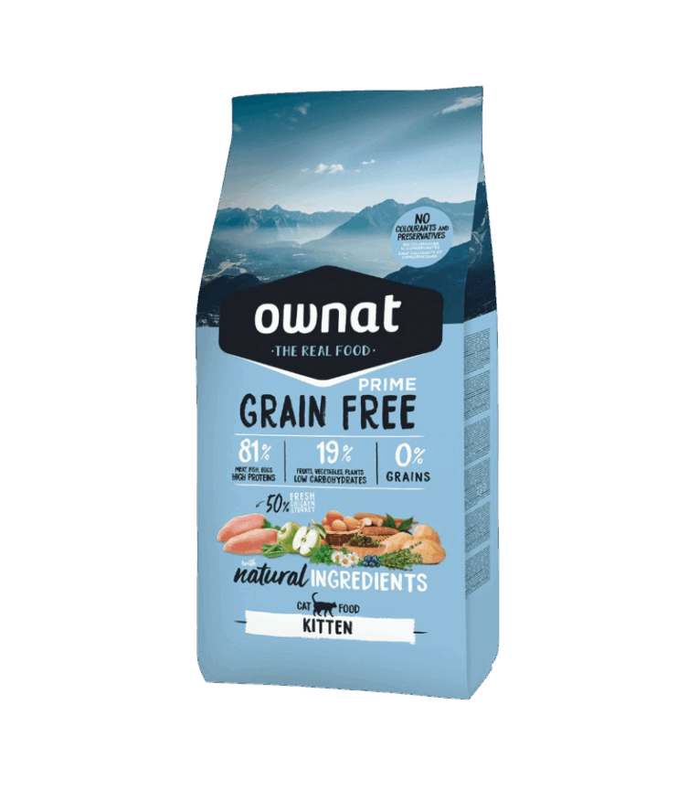 Saco de pienso OwNat Prime Grain Free para gatitos. Formulación con 81% de carne, 19% frutas y vegetales y 0% cereales.