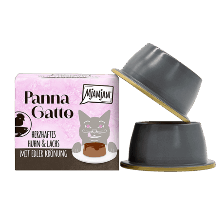 Paté Gato Pollo Salmón MjAMjAM Panna Gatto. Doble envase con topping gourmet.