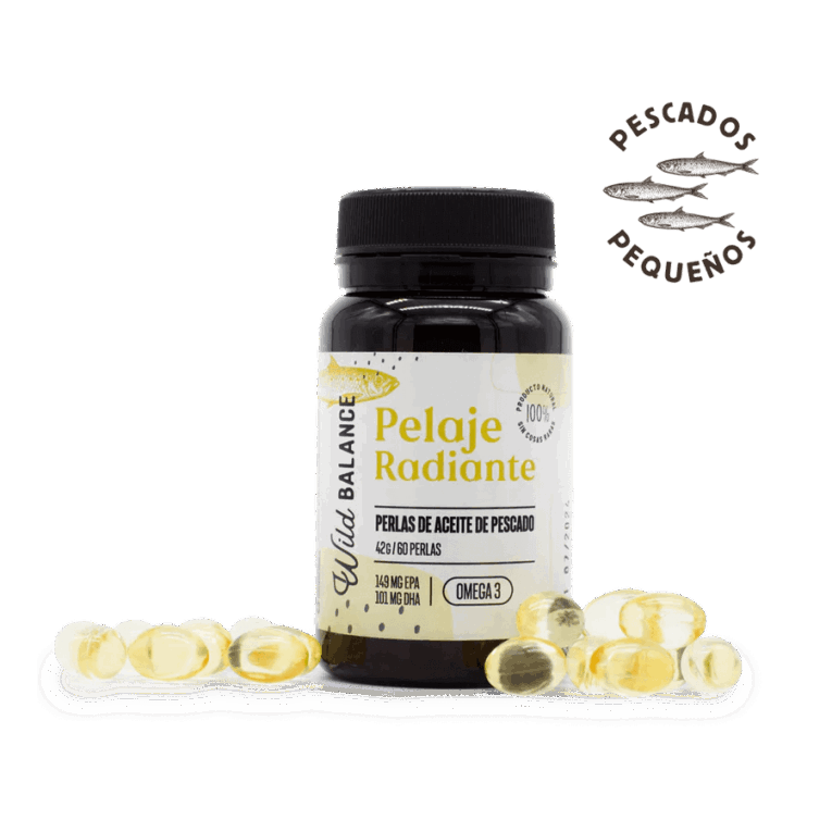 Bote de Perlas Omega 3 Perro Wild Balance. Suplemento Pelaje Radiante con EPA DHA de pescados pequeños.