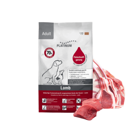 Pienso Semihumedo Cordero Perro Platinum Adult. Receta 70% carne fresca y arroz.