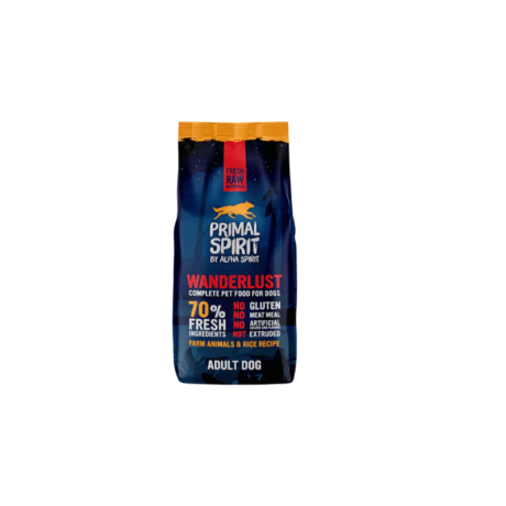 Pienso Semihúmedo Pollo Activo Primal Spirit Wanderlust. Saco azul oscuro con 70% de fresco.