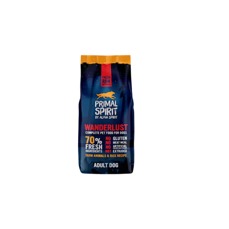 Pienso Semihúmedo Pollo Activo Primal Spirit Wanderlust. Saco azul oscuro con 70% de fresco.