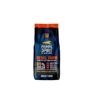 Pienso Semihúmedo Pollo Perro Primal Spirit Rebel Farm. Saco azul oscuro con 65% de fresco.