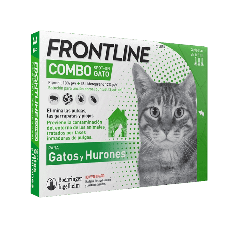 Pipetas Antipulgas Gato Frontline Combo 05ml. Caja con 3 pipetas y la imagen de un gato atigrado.