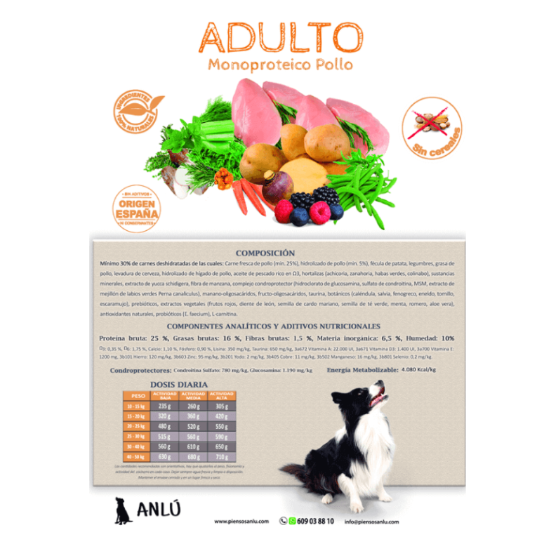 COMPOSICIÓN: Mínimo 30% de carnes deshidratadas de las cuales: Carne fresca de pollo (min. 25%), hidrolizado de pollo (min. 5%), fécula de patata, legumbres, grasa de pollo, levadura de cerveza, hidrolizado de hígado de pollo, aceite de pescado rico en Ω3, hortalizas (achicoria, zanahoria, habas verdes, colinabo), sustancias minerales, extracto de yuccaschidigera, fibra de manzana, complejo condroprotector (hidroclorato de glucosamina, sulfato de condroitina, MSM, extracto de mejillón de labios verdes Perna canaliculus), manano-oligosacáridos, fructo-oligosacáridos, taurina, botánicos (caléndula, salvia, fenogreco, eneldo, tomillo, escaramujo), prebióticos, extractos vegetales (frutos rojos, diente de león, semilla de cardo mariano, semilla de té verde, menta, romero, aloe vera), antioxidantes naturales, probióticos (E. faecium), L-carnitina. COMPONENTES ANALÍTCOS Y ADITIVOS NUTRICIONALES Proteína bruta: 25 %, Grasas brutas: 16 %, Fibras brutas: 1,5 %, Materia inorgánica: 6,5 %, Humedad: 10% Ω3: 0,35 %, Ω6: 1,75 %, Calcio: 1,10 %, Fósforo: 0,90 %, Lisina: 350 mg/kg, Taurina: 650 mg/kg, 3a672 Vitamina A: 22.000 UI, 3a671 Vitamina D3: 1.400 UI, 3a700 Vitamina E: 1200 mg, 3b101 Hierro: 120 mg/kg, 3b603 Zinc: 95 mg/kg, 3b201 Yodo: 2 mg/kg, 3b405 Cobre: 11 mg/kg, 3b502 Manganeso: 16 mg/kg, 3b801 Selenio: 0,2 mg/kg. CONDROPROTECTORES: Condroitina: 780 mg/kg Glucosamina: 1.190 mg/kg ENERGÍA METABOLIZABLE: 4.080 Kcal/kg