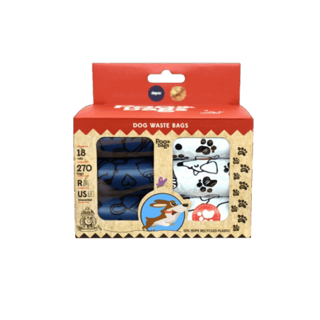 Caja de bolsas Poo-Bags de la marca Dapac. Pack de 18 rollos con 270 bolsas, sin perfume (unscented) y hechas con plástico 100% reciclado.