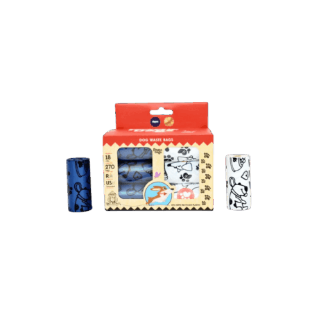 Caja de bolsas Poo-Bags de la marca Dapac. Pack de 18 rollos con 270 bolsas, fabricadas con plástico 100% reciclado para perros.