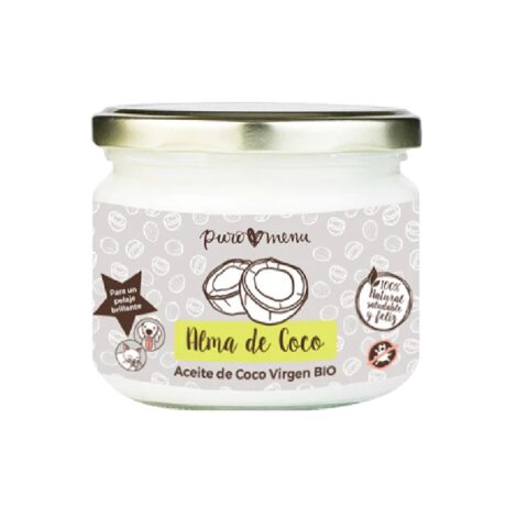Bote de cristal de Puromenu Aceite Coco Perros. Aceite de Coco Virgen BIO para pelaje brillante.
