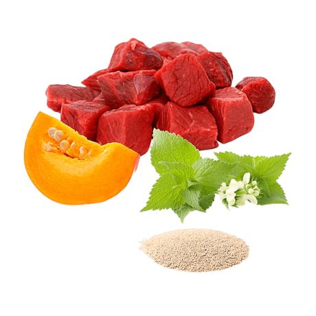 Composición natural y nutritiva Puromenu Menú Bigotes Felices BIO (Vacuno) está elaborado con ingredientes naturales de alta calidad: Carne de músculo de vacuno (45,6%): Fuente de proteína magra y de alta calidad. Caldo de vacuno (20%): Aporta hidratación y sabor. Corazón de vacuno (15,2%): Rico en taurina y otros nutrientes esenciales. Hígado de vacuno (7,6%): Fuente de vitaminas y minerales. Pulmón de vacuno (7,6%): Aporta proteínas y otros nutrientes. Calabaza (1,67%): Fuente de fibra y vitaminas. Levadura de cerveza: Aporta vitaminas del grupo B y otros nutrientes. Ortiga (0,4%): Estimula la función renal. Citrato de calcio: Ayuda a prevenir la formación de cálculos urinarios. Aceite de hígado de bacalao: Fuente de vitaminas A y D, y ácidos grasos omega-3. Ascophyllum Nodosum (alga marina): Aporta yodo y otros minerales esenciales. Análisis nutricional completo Puromenu Menú Bigotes Felices ofrece un perfil nutricional completo y equilibrado: Proteína: 12,5% Grasa: 8,1% Materia inorgánica: