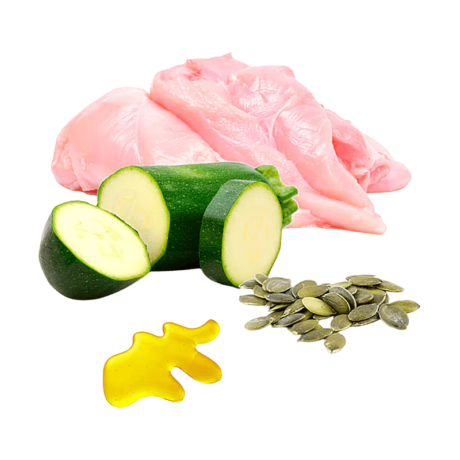 Composición Carne de músculo de conejo (42,6%) Caldo de conejo (20%) Corazón de conejo (14,2%) Hígado de conejo (7,1%) Pulmón de conejo (7,1%) Manteca de ganso (5%) Calabacín (1,17%) Semillas de calabaza (0,8%) Levadura de cerveza Citrato de calcio Aceite de hígado de bacalao Ascophyllum Nodosum BIO (algas marinas) Aditivos nutricionales (por kg) Taurina 4g Vitamina E 60mg Componentes analíticos Proteína 12,6% Aceites y grasas brutos 7,2% Materia inorgánica 1,1% Fibras brutas