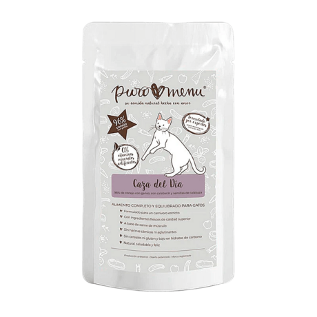 Composición Carne de músculo de conejo (42,6%) Caldo de conejo (20%) Corazón de conejo (14,2%) Hígado de conejo (7,1%) Pulmón de conejo (7,1%) Manteca de ganso (5%) Calabacín (1,17%) Semillas de calabaza (0,8%) Levadura de cerveza Citrato de calcio Aceite de hígado de bacalao Ascophyllum Nodosum BIO (algas marinas) Aditivos nutricionales (por kg) Taurina 4g Vitamina E 60mg Componentes analíticos Proteína 12,6% Aceites y grasas brutos 7,2% Materia inorgánica 1,1% Fibras brutas