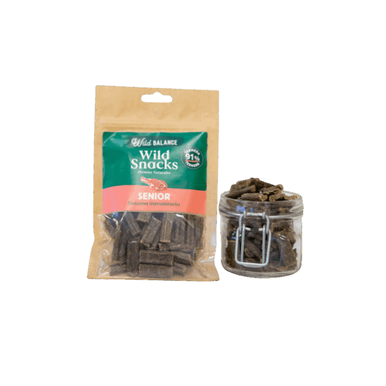 Bolsa de premios naturales Wild Balance Wild Snacks Senior sabor Ternera (91% ternera), formulados para el Sistema Inmunitario de perros mayores.
