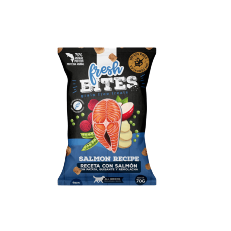 Snack Adiestramiento Salmón Grain Free Bites 70g. Bocados sin cereales de salmón y patatas para adiestrar.